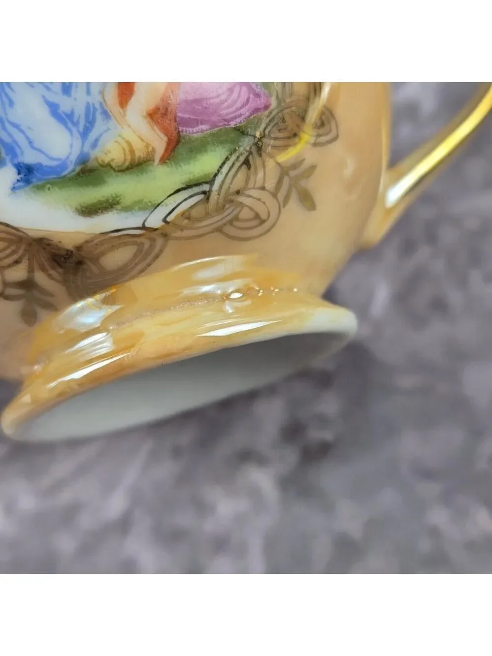 Vintage Peach Lusterware Demitasse Cup Saucer Two Ladies Child Made in Japan
